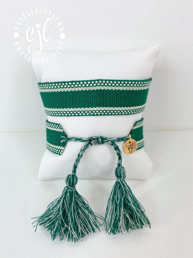 Hunter Green and White Create Your Own Custom Embroidered Tassel Statement Bracelet