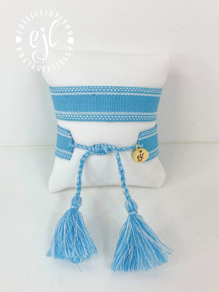Pacific Blue and White Create Your Own Custom Embroidered Tassel Statement Bracelet