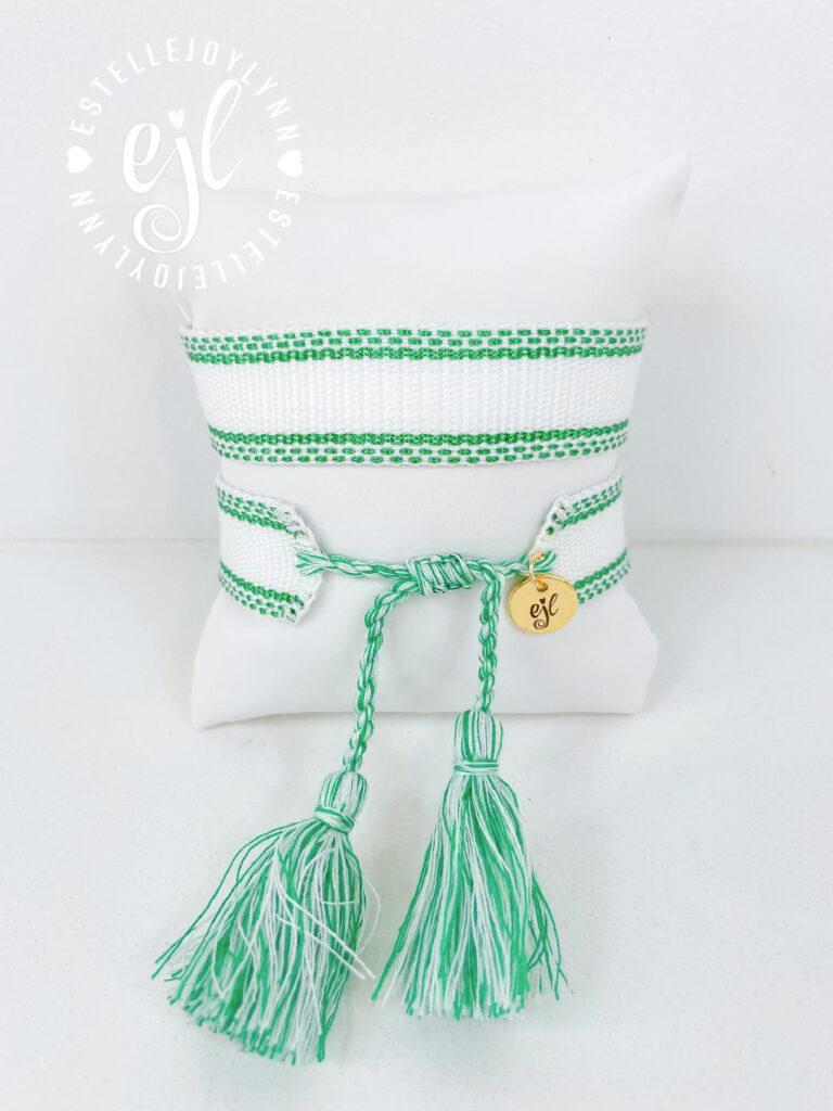 White and Emerald Green Create Your Own Custom Embroidered Tassel Statement Bracelet