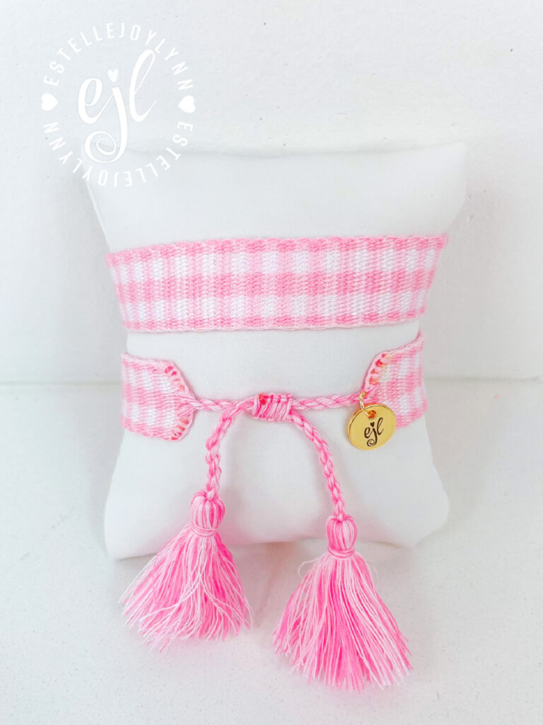 Pink and White Gingham Create Your Own Custom Embroidered Tassel Statement Bracelet