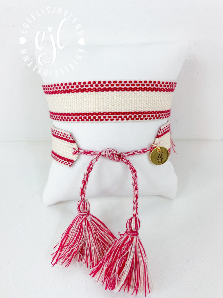 Cream and Red Create Your Own Custom Embroidered Tassel Statement Bracelet