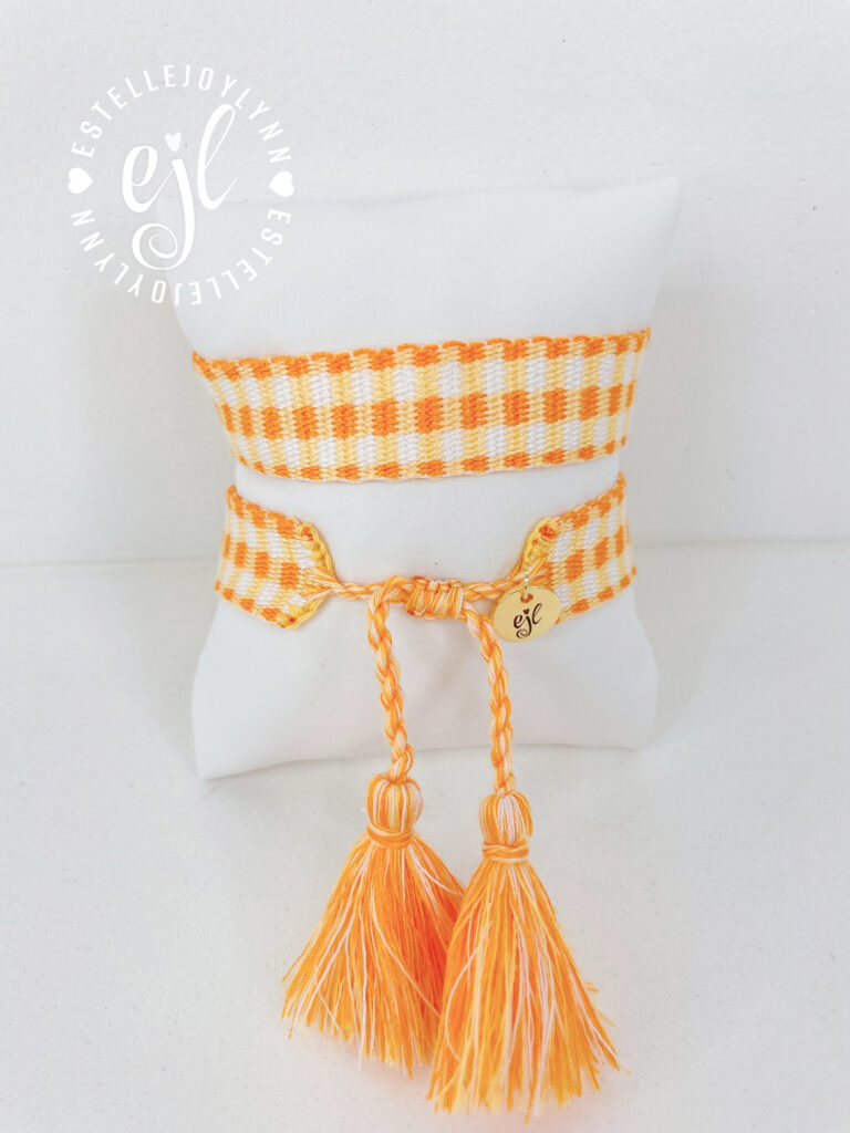 Orange and White Gingham Create Your Own Custom Embroidered Tassel Statement Bracelet