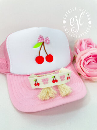 Gingham Bow and Cherries 3D Coquette Aesthetic Embroidered Trucker Hat or Embroidered Bracelet