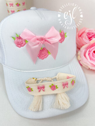 Roses and Bow Coquette Aestheic Embroidered Trucker Hat or Embroidered Bracelet