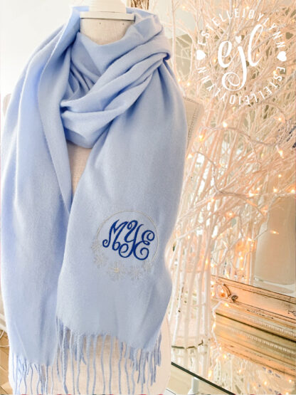 Embroidered Monogram Light Blue Soft Cozy Winter Snowflake Scarf