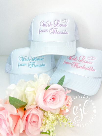 With Love from any State or City Embroidered Trucker Hats / CUSTOM Embroidered Trucker Hats
