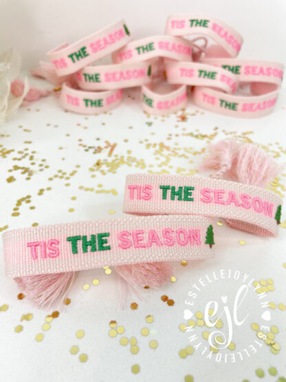 TIS THE SEASON Christmas Embroidered Bracelet / Holiday Tassel Bracelet