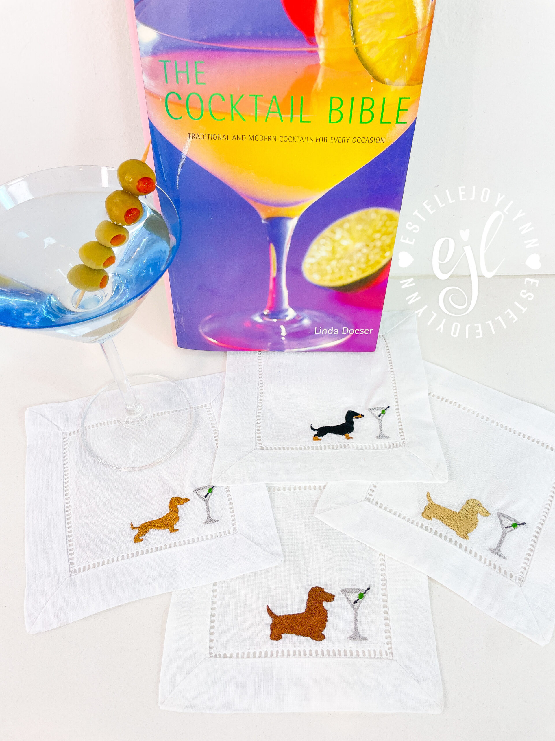 Dachshund Martini Cocktail Napkins Embroidered Linen/ Four Different Dachshunds featured with Martini / boxed set of 4 Weenies and Martinis - Image 2