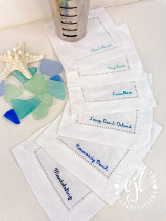 Linen Cocktail Napkins Custom Embroidered Jersey Shore Beaches / Boxed set of 4 Customized with any Beach Name