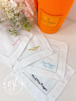 Wedding Bridal Linen Cocktail Napkins Custom Embroidered / Boxed set of 4 Customized for the Bride and Groom