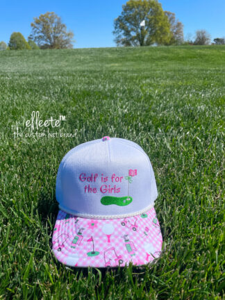 Golf Trucker Hat  / Pink Gingham Brim, Embroidered Golf is for the Girls