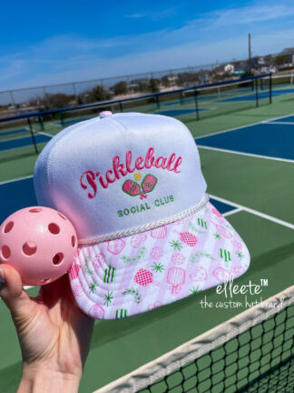 Pickleball Trucker Hat  / Pink and Green Doodle Brim, Embroidered