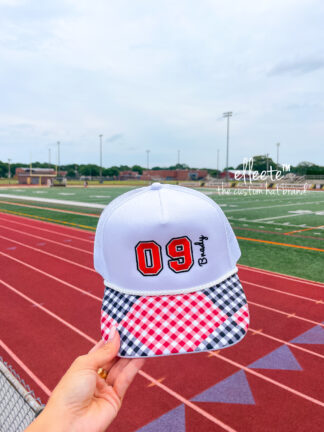 School Spirit Custom Embroidered Gingham Player Trucker Hat / Player Number Trucker Hat