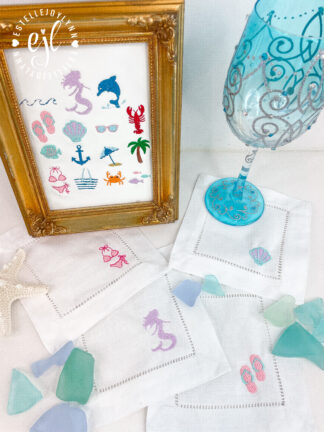 Beach Themed Cocktail Napkins Embroidered Linen / boxed set of 4