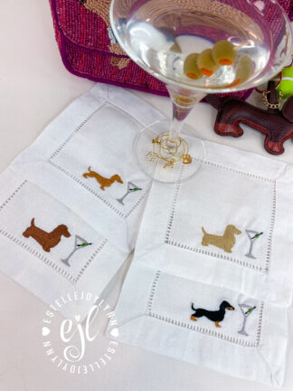 Dachshund Martini Cocktail Napkins Embroidered Linen with Martini Glass Charms