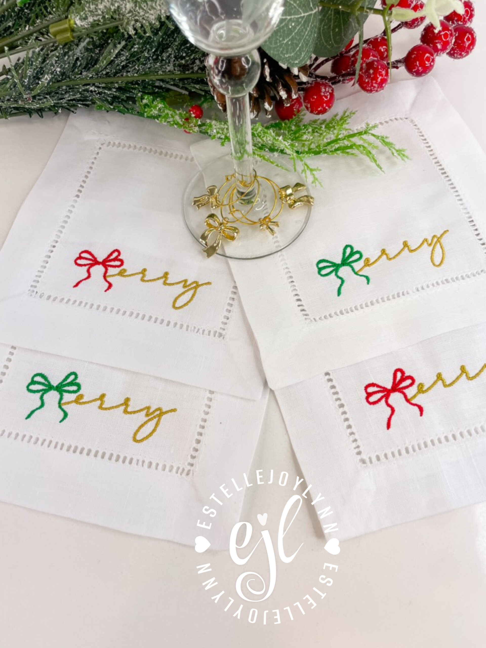 Embroidered Merry Christmas Linen Cocktail Napkins and Coquette Bow Charms for Glasses / Includes Set of 4 - Image 2