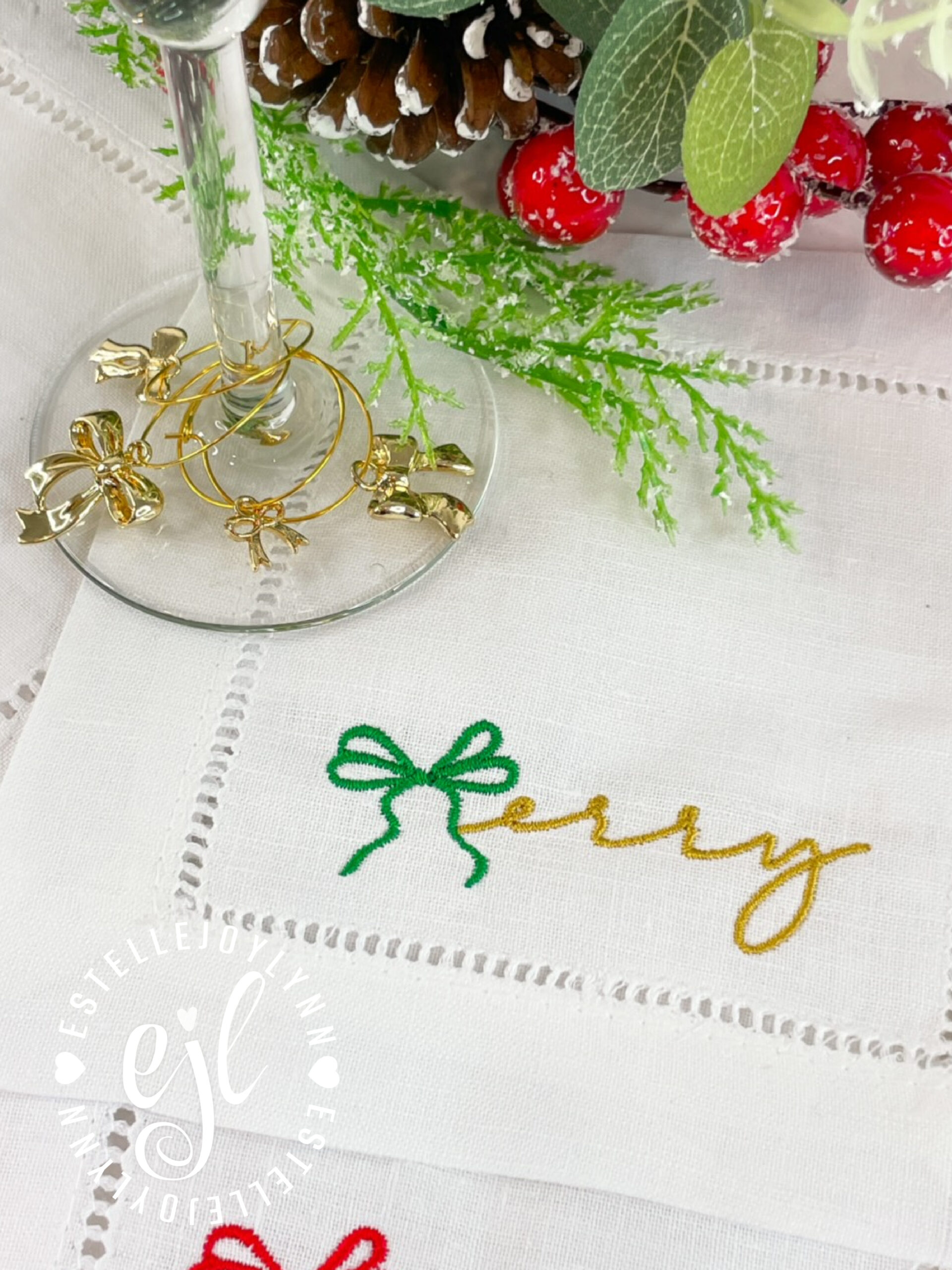 Embroidered Merry Christmas Linen Cocktail Napkins and Coquette Bow Charms for Glasses / Includes Set of 4 - Image 3