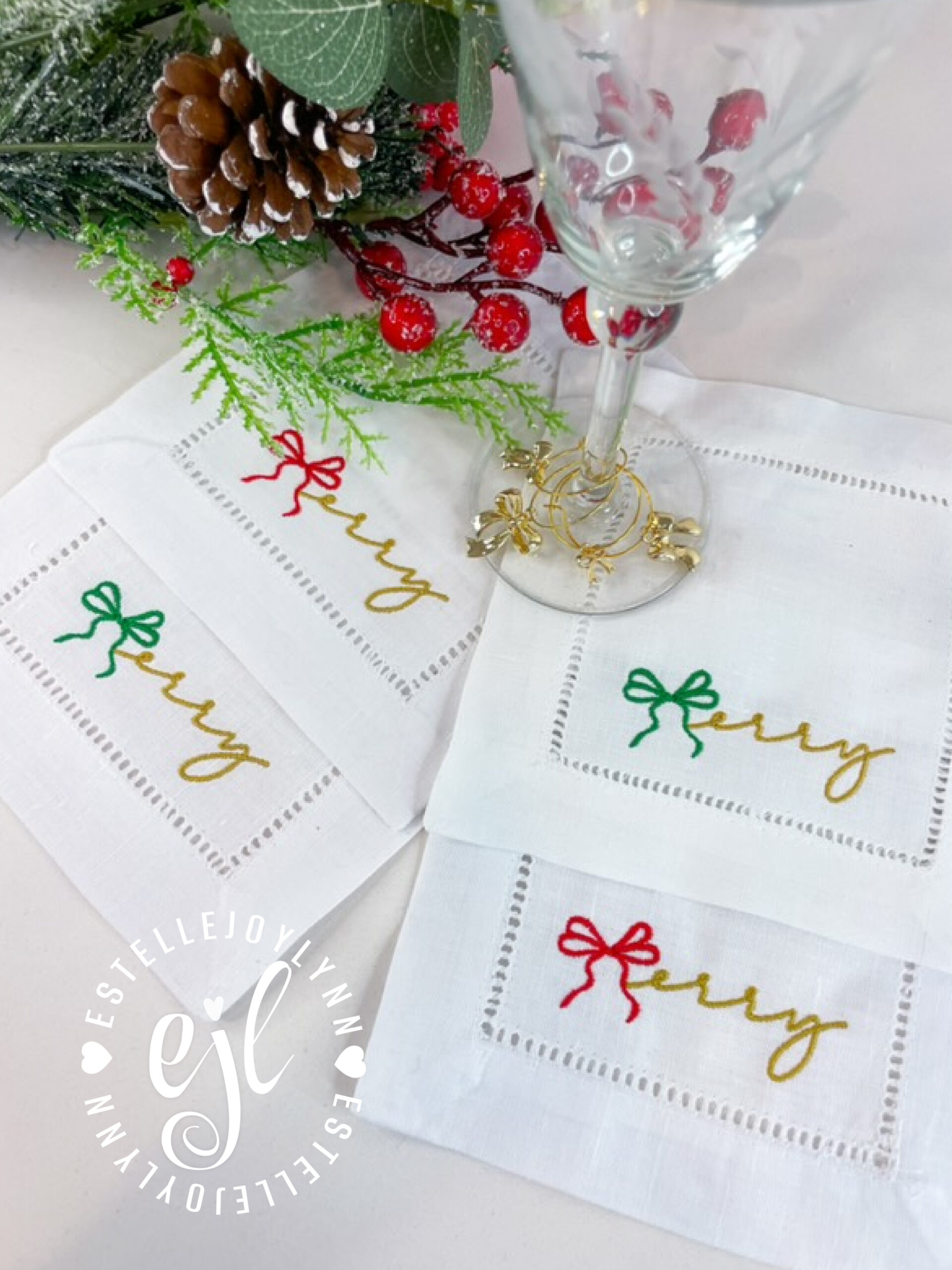 Embroidered Merry Christmas Linen Cocktail Napkins and Coquette Bow Charms for Glasses / Includes Set of 4